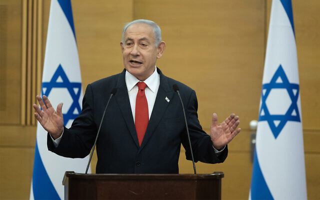 Prime Minister Benjamin Netanyahu leads a faction meeting at the Knesset in Jerusalem, February 20, 2023. (Yonatan Sindel/Flash90)