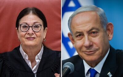 On left: Supreme Court Chief Justice Esther Hayut, right, attends a hearing in Jerusalem on December 1, 2022. (Yonatan Sindel/Flash90). On right: Prime Minister Benjamin Netanyahu at the Prime Minister's office in Jerusalem, on January 11, 2023. (Olivier Fitoussi/Flash90)