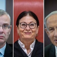 A composite image, from left, of Justice Minister Yariv Levin at a government conference at the Prime Minister's office in Jerusalem on January 15, 2023; Supreme Court Chief Justice Esther Hayut at a hearing in Jerusalem on December 1, 2022; and Prime Minister Benjamin Netanyahu at the Prime Minister's office in Jerusalem on January 29, 2023. (Yonatan Sindel/Flash90)