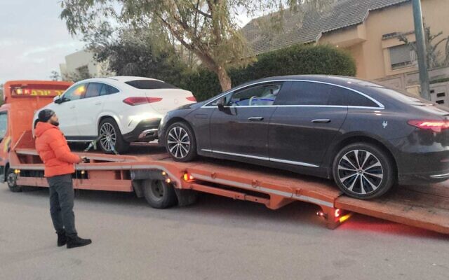 Luxury cars seized as part of an investigation into alleged corruption in the Defense Ministry construction tender process, February 13, 2023 (Israel Police)