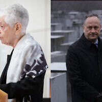 Ruth Cohen, pictured at left during a ceremony at the U.S. Holocaust Memorial Museum in 2020, will be the guest of second gentleman Doug Emhoff at US President Joe Biden's State of the Union speech, February 7, 2023. Emhoff is pictured here during a visit to Berlin's Holocaust memorial in January 2023. (Cohen courtesy of US Holocaust Memorial Museum; Emhoff by Sean Gallup/Getty Images via JTA)