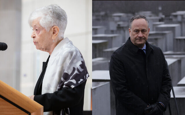 Ruth Cohen, pictured at left during a ceremony at the U.S. Holocaust Memorial Museum in 2020, will be the guest of second gentleman Doug Emhoff at US President Joe Biden's State of the Union speech, February 7, 2023. Emhoff is pictured here during a visit to Berlin's Holocaust memorial in January 2023. (Cohen courtesy of US Holocaust Memorial Museum; Emhoff by Sean Gallup/Getty Images via JTA)