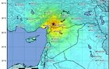 A graphic showing the location and rippling intensity of an earthquake that hit Turkey on February 6, 2023. (USGS)