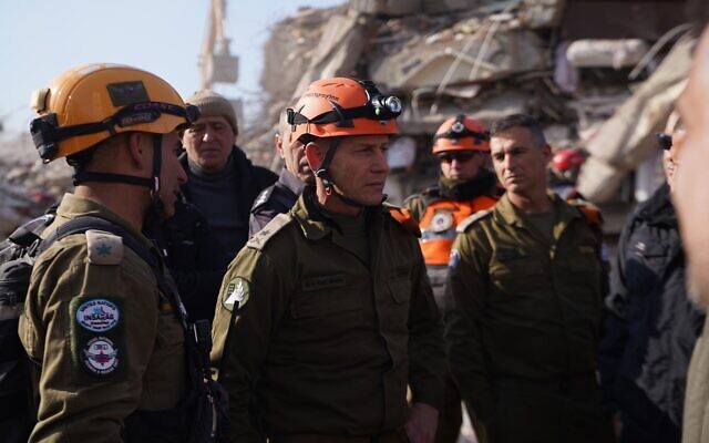 In this handout photo, Home Front Command chief, Maj. Gen. Rafi Milo, visits IDF search and rescue teams in southeastern Turkey, February 9, 2023. (Israel Defense Forces)