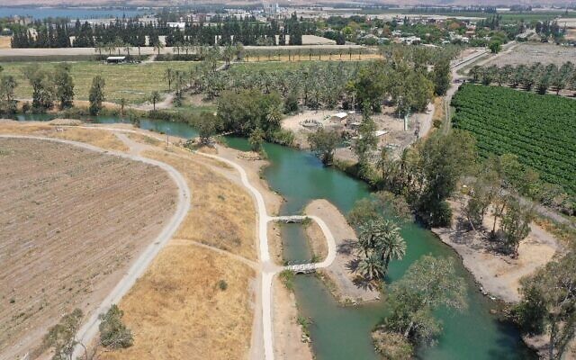 Small bridges connect a bank of the Jordan River to an island as part of an upgrade being carried out by the Kinneret Drainage and Streams Authority between the Alumot Dam and Menahhemia in northern Israel. (Courtesy, Kinneret Drainage and Streams Authority)