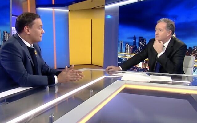 Congressman George Santos (left) speaks to Piers Morgan in an interview aired February 20, 2023. (Screenshot/Twitter; Used in accordance with Clause 27a of the Copyright Law)