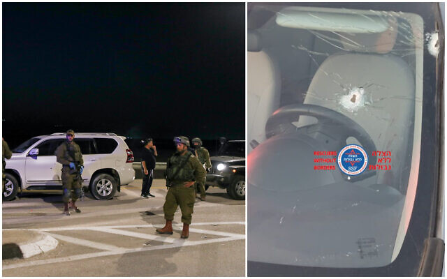 Troops and medics at the scene of a shooting attack near Jericho in the West Bank, and damage caused to a car in which an Israeli man was fatally hurt, February 27, 2023. (Jamal Awad/Flash90; Rescuers Without Borders)