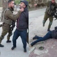 An Israeli soldier is seen assaulting Issa Amro, a Palestinian activist in Hebron, February 13, 2023. (Screenshot: Twitter)