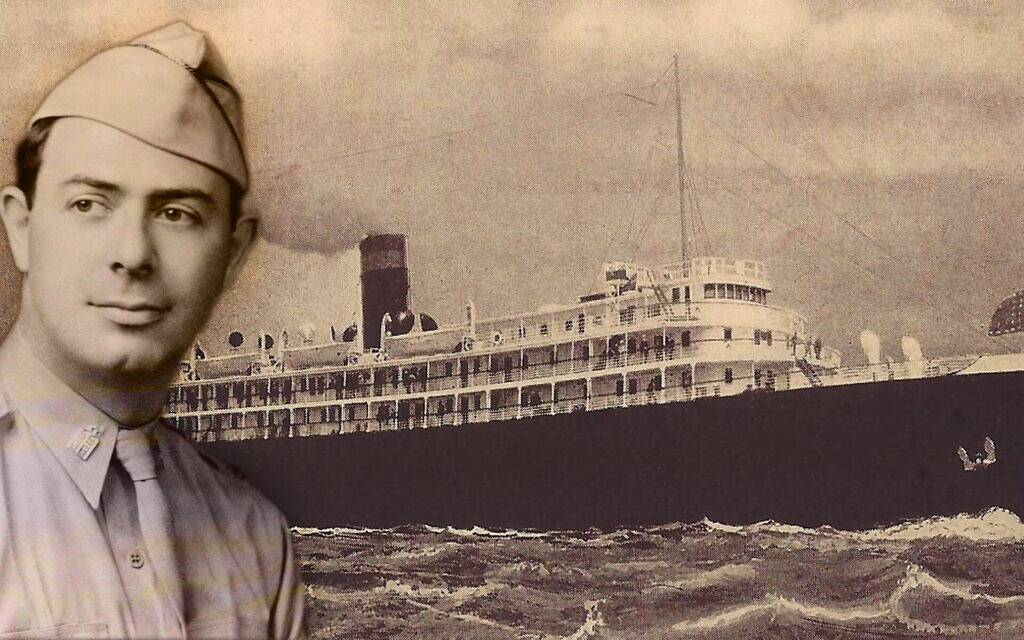 Rabbi Alexander D. Goode and a view of the Dorchester, which was requisitioned by the US Army during World War II. The ship was sunk by a German torpedo on February 3, 1943. (Courtesy Mark Auerbach via JTA)