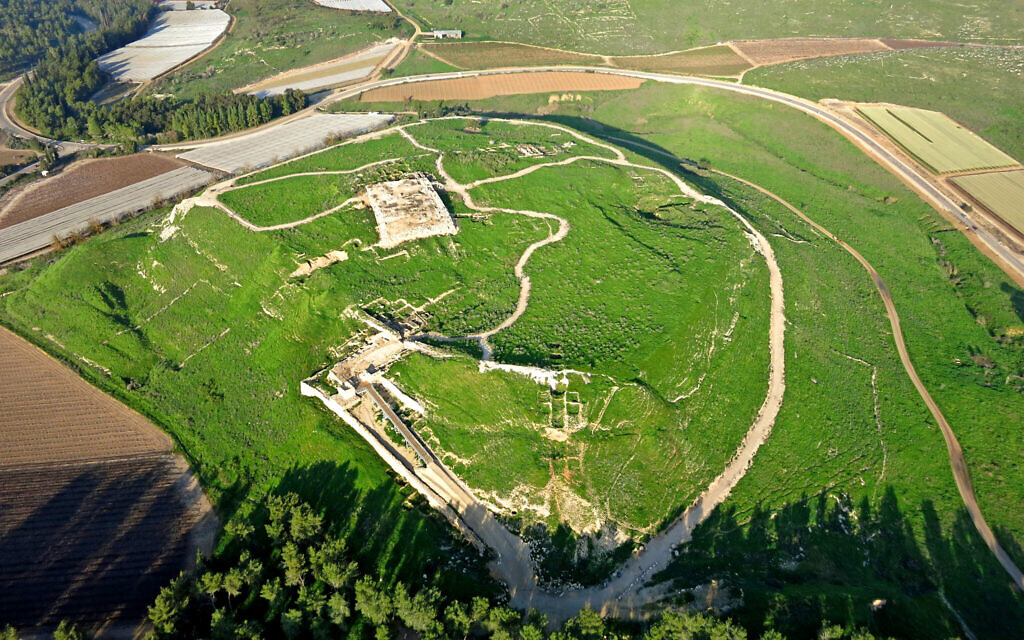 An aerial view of the Tel Lachish archaeological site and the Persian administrative palace. (Emil Algam/IAA)