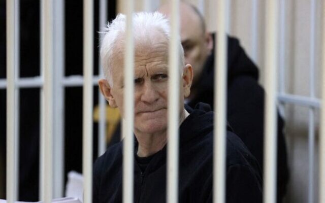 In this file photo taken on January 5, 2023, Nobel Prize winner Ales Bialiatski is seen in the defendants' cage in the courtroom at the start of the hearing in Minsk (Vitaly PIVOVARCHIK / BELTA / AFP)