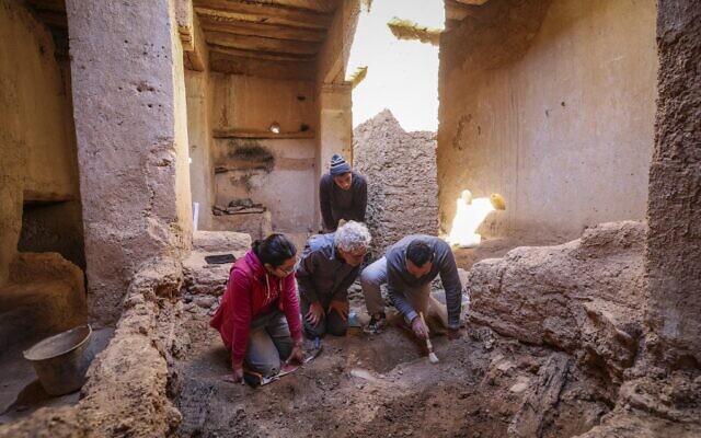 Archaeologists dig in the ruins of a synagogue in the Jewish neighborhood, or "mellah," in the village of Tagadirt in Morocco's oasis region of Tata on February 28, 2023. (Fadel Senna/AFP)