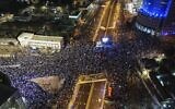 An aerial picture shows a protest in Tel Aviv against the government's controversial judicial overhaul legislation, March 11, 2023. (Jack Guez/AFP)