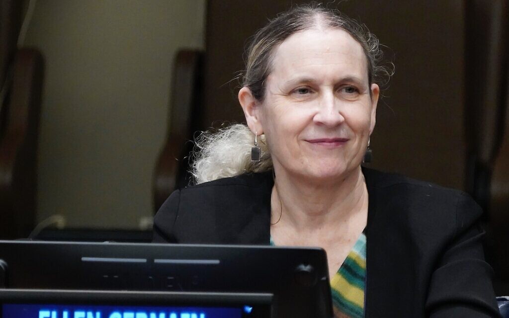 Ellen Germain, US special envoy on Holocaust issues, listens during a panel before a screening of 'The US and the Holocaust' at the United Nations in New York, February 9, 2023. (John Lamparski/Getty Images via JTA)