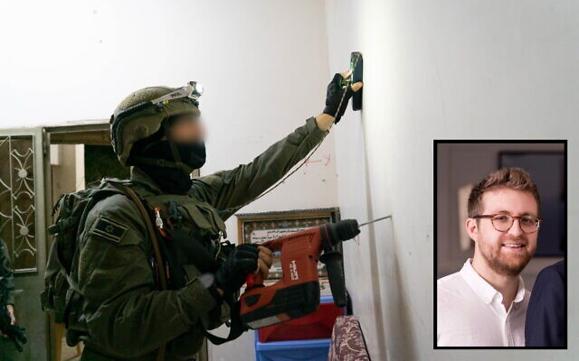 An Israeli soldier maps out the home of an alleged Palestinian terrorist who carried out a deadly shooting attack, in the Aqabat Jabr refugee camp in the West Bank, early March 6, 2023. Inset: Elan Ganeles, who was killed in the attack on February 27, 2023. (Israel Defense Forces; Courtesy of the family)