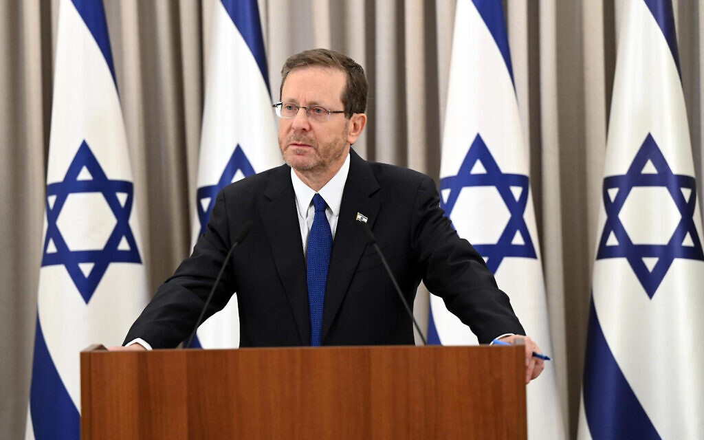 President Isaac Herzog gives a primetime speech pleading for compromise on the judicial overhaul plan, on March 9, 2023. (Haim Zach/GPO)