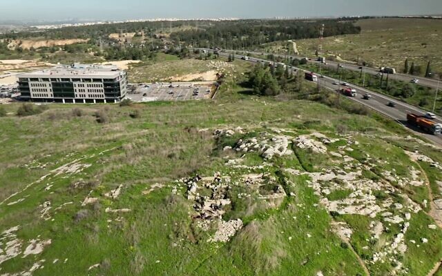 The Horvat El-Bira site with a view of the offices of Israel Antiquities Authority Central Region in Shoham on March 14, 2023. (Emil Algam/IAA)