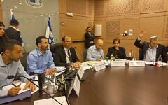 The Knesset's Constitution, Law, and Justice Committee headed by Religious Zionism  MK Simcha Rothman meets to vote on more than 5,000 reservations to the judicial appointments bill, on March 22, 2023. (Committee spokesperson's office)