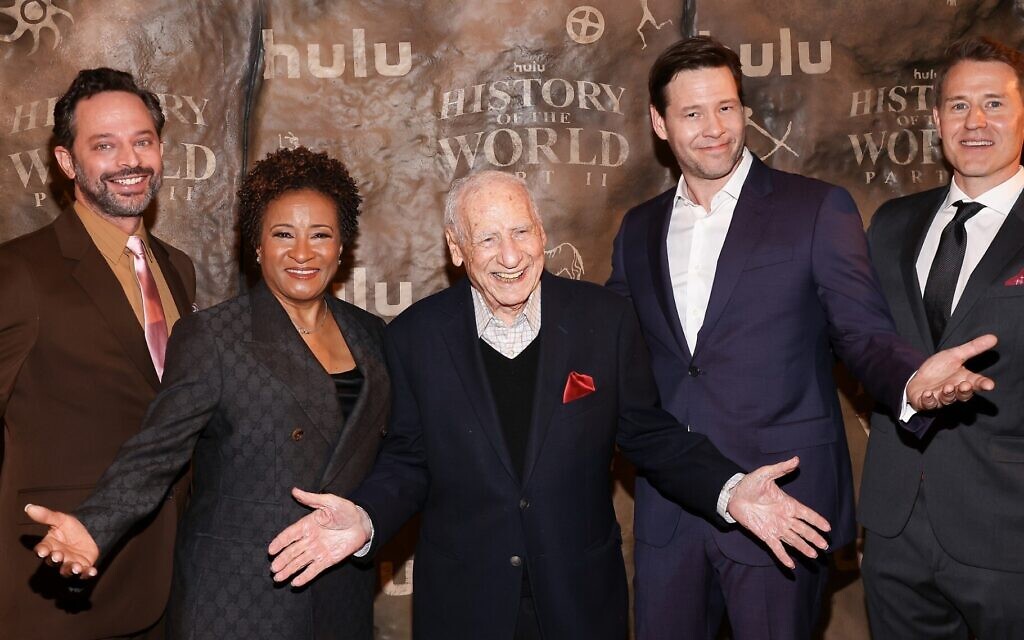 Pictured from left to right: Nick Kroll, Wanda Sykes, Mel Brooks, Ike Barinholtz, and David Stassen at the Los Angeles premiere of 'History of the World Part II.' (Tommaso Boddi via Getty Images/ via JTA)