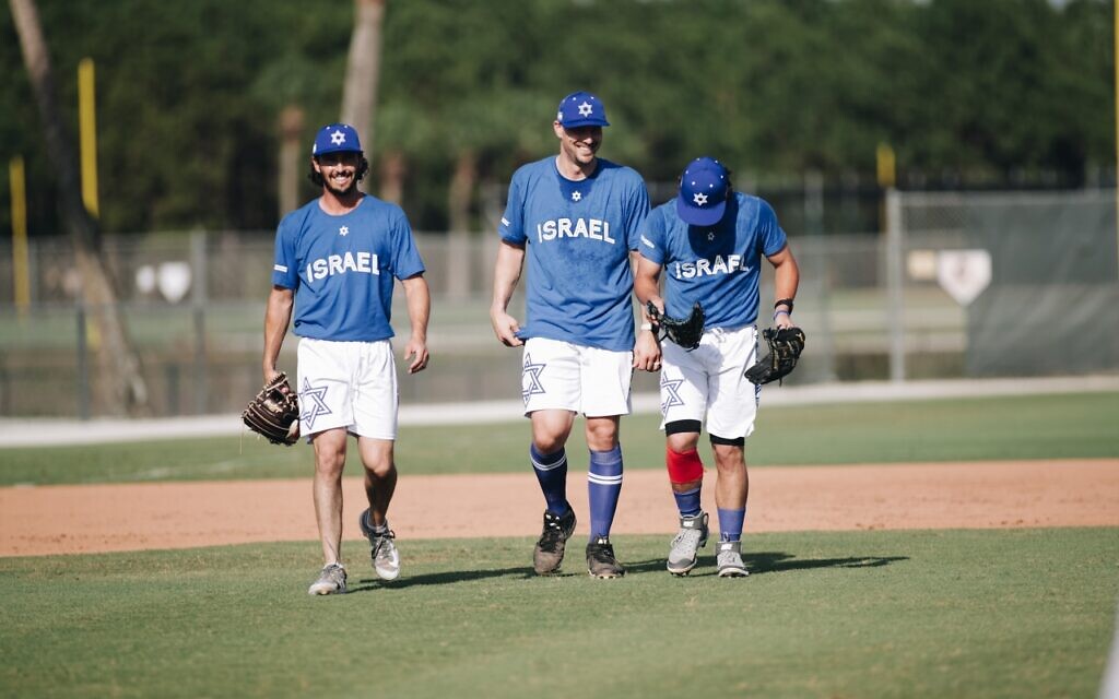 Garrett Stubbs, Ryan Lavarnway and Noah Mendlinger, pictured here, played for Team Israel in the 2023 World Baseball Classic in Miami. (Courtesy/ via JTA)