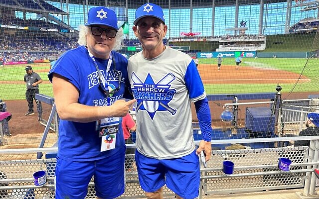 Stu Moss, left, and David Bogatz at Team Israel's game against Puerto Rico, Monday, March 13, 2022, at the World Baseball Classic in Miami. (Jacob Gurvis/ JTA)