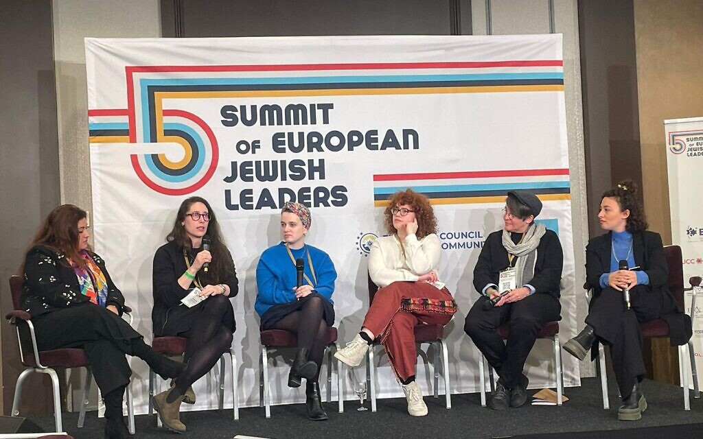 Panelists speak at the Summit of European Jewish Leaders in Berlin on March 26, 2023. (Courtesy of the JDC via JTA)
