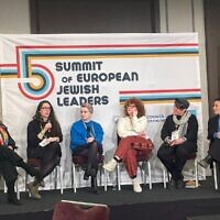 Panelists speak at the Summit of European Jewish Leaders in Berlin on March 26, 2023. (Courtesy of the JDC via JTA)
