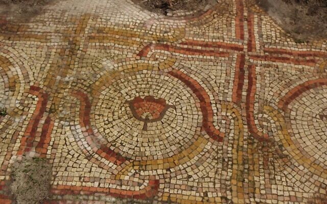 The mosaic floor at Horvat El-Bira in Shoham from the Byzantine era greeted travelers along the main road from Lod to Antipatis, pictured here on March 14, 2023. (Emil Algam/IAA)