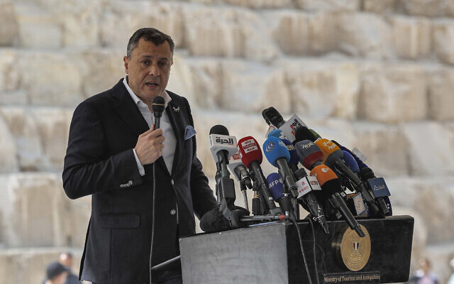 Egypt's Minister of Tourism and Antiquities Ahmed Issa gives a news conference in front of the Great Pyramid of Khufu (Cheops) at the Giza Pyramids necropolis on the southwestern outskirts of Cairo, on March 2, 2023. (Khaled Desouki/AFP)
