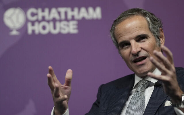 Director General of the Atomic Energy Agency Rafael Marino Grossi speaks at an event at Chatham House in London, February 7, 2023. (Alastair Grant/AP)