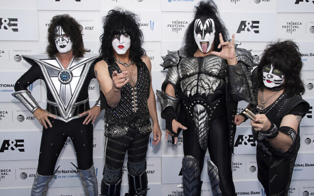 Members of the band Kiss, from left, Tommy Thayer, Paul Stanley, Gene Simmons and Eric Singer attend the premiere of A&E Network's 'Biography: KISStory' in New York on June 11, 2021.  (Charles Sykes/Invision/AP, File)