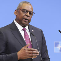 United States Secretary of Defense Lloyd Austin reads a statement at NATO headquarters in Brussels, February 15, 2023 (AP Photo/Olivier Matthys, File)