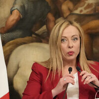Italian Premier Giorgia Meloni speaks during a press conference after meeting with The Netherlands' Prime Minister Mark Rutte at Chigi Palace government offices in Rome, March 8, 2023. (AP Photo/Gregorio Borgia)