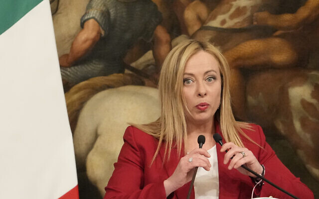 Italian Premier Giorgia Meloni speaks during a press conference after meeting with The Netherlands' Prime Minister Mark Rutte at Chigi Palace government offices in Rome, March 8, 2023. (AP Photo/Gregorio Borgia)