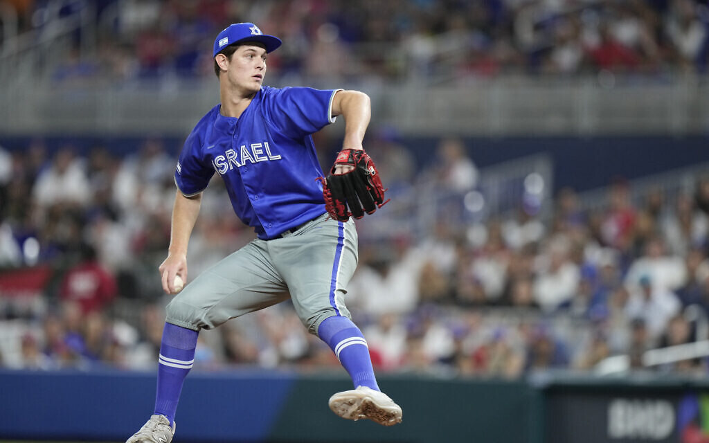 Israel's Jacob Steinmetz delivers a pitch during the first inning of a World Baseball Classic game against the Dominican Republic, Tuesday, March 14, 2023, in Miami. (AP/Wilfredo Lee)