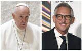 In this combination of photos, Pope Francis, left, arrives for an audience with members of Roman Universities and Pontifical Institutions at the Vatican on February 25, 2023, and BBC sportscaster Gary Lineker attends the GQ Men of The Year Awards, at the Tate Modern, in London, on September 1, 2021.  (AP Photo)