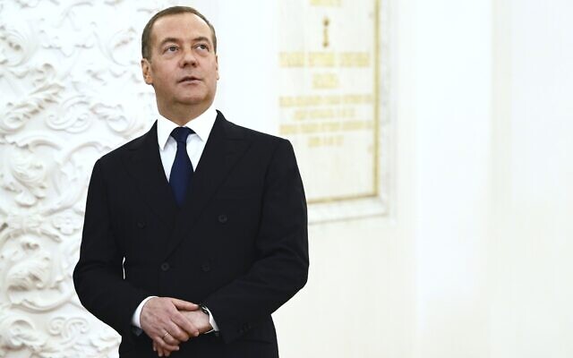 Russian Security Council Deputy Chairman and the head of the United Russia party Dmitry Medvedev arrives to attend the talks with Russian President Vladimir Putin and Chinese President Xi Jinping at The Grand Kremlin Palace, in Moscow, Russia, March 21, 2023. (Alexey Maishev, Sputnik, Kremlin Pool Photo via AP)