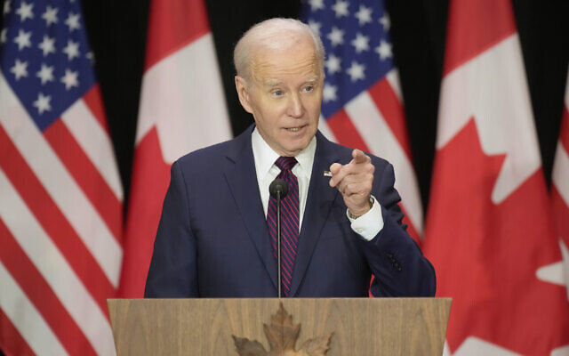 US President Joe Biden speaks during a joint news conference with  Canada Prime Minister Justin Trudeau in Ottawa, March 24, 2023. (Justin Tang/The Canadian Press via AP)