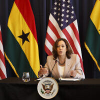 US Vice President Kamala Harris conducts a roundtable of women entrepreneurs to discuss economic empowerment, inclusion, and leadership in Accra, Ghana, March 29, 2023. (AP Photo/Misper Apawu)