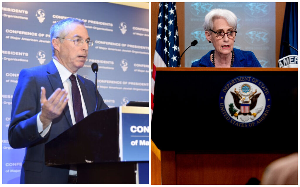 Composite image shows Michael Herzog, left, now Israeli ambassador to the US, at a conference in Jerusalem, February 15, 2016. At right, US Deputy Secretary of State Wendy Sherman at the State Department in Washington on August 18, 2021. (Tamir Hayoun; AP Photo/Andrew Harnik, Pool)