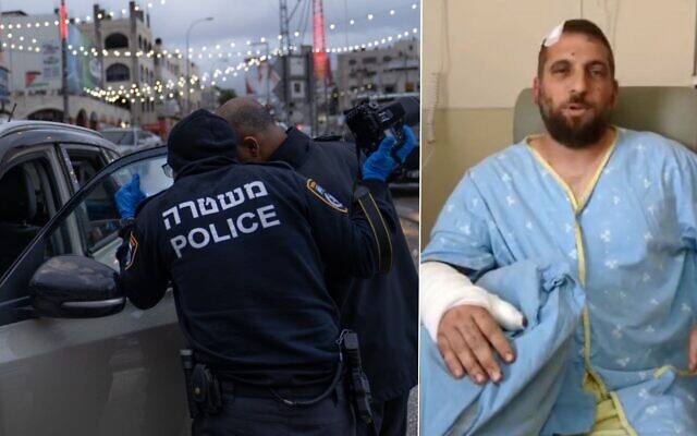 A car seen with bullet holes at an intersection in the West Bank town of Huwara following a terrorist attack on March 19, 2023. Left: David Stern, injured in a Palestinian terror attack two days earlier, speaks from his hospital bed on March 21, 2023. (Screenshot: Twitter; Used in accordance with Clause 27a of the Copyright Law)