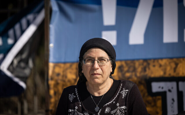 MK Orit Strok attends a protest against the demolition of structures in the illegal outpost of Homesh, outside the Prime Minister's office in Jerusalem on January 9, 2022. (Yonatan Sindel/Flash90)