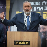 Aryeh Deri speaks during a Shas party faction meeting at the Knesset in Jerusalem, on January 23, 2023. (Yonatan Sindel/Flash90)
