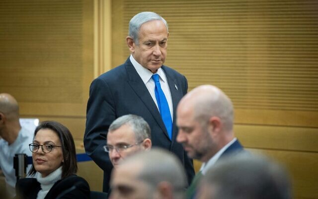 Prime Minister Benjamin Netanyahu at a Likud faction meeting in the Knesset, February 6, 2023. (Yonatan Sindel/Flash90)