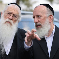 United Torah Judaism MK Meir Porush (left) and Yossi Deutsch tour Mount Meron ahead of the Jewish holiday of Lag B'Omer which annually attracts tens of thousands of Jewish worshipers. February 13, 2023. (David Cohen/Flash90)