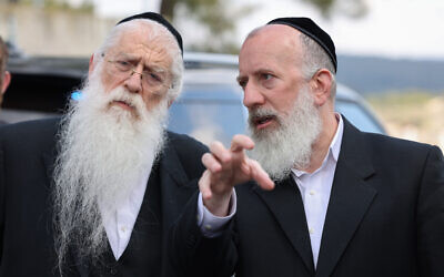 United Torah Judaism MK Meir Porush (left) and Yossi Deitch tour Mount Meron ahead of the Jewish holiday of Lag B'Omer which annually attracts tens of thousands of Jewish worshipers, February 13, 2023. (David Cohen/Flash90)
