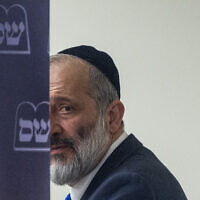 Head of the Shas party Aryeh Deri, leads a faction meeting, at the Knesset, the Israeli parliament in Jerusalem, on February 13, 2023. (Yonatan Sindel/Flash90)