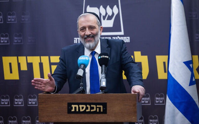 Shas chief Aryeh Deri leads a faction meeting, at the Knesset on February 13, 2023. (Yonatan Sindel/Flash90)