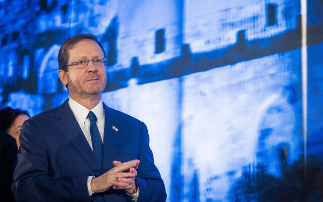 President Isaac Herzog at a conference of the 'Besheva' group in Jerusalem, on February 21, 2023.(Yonatan Sindel/Flash90)
