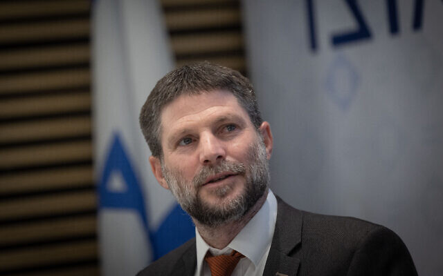 Finance Minister Bezalel Smotirch holds a press conference in Jerusalem on February 28, 2023. (Yonatan Sindel/Flash90)
